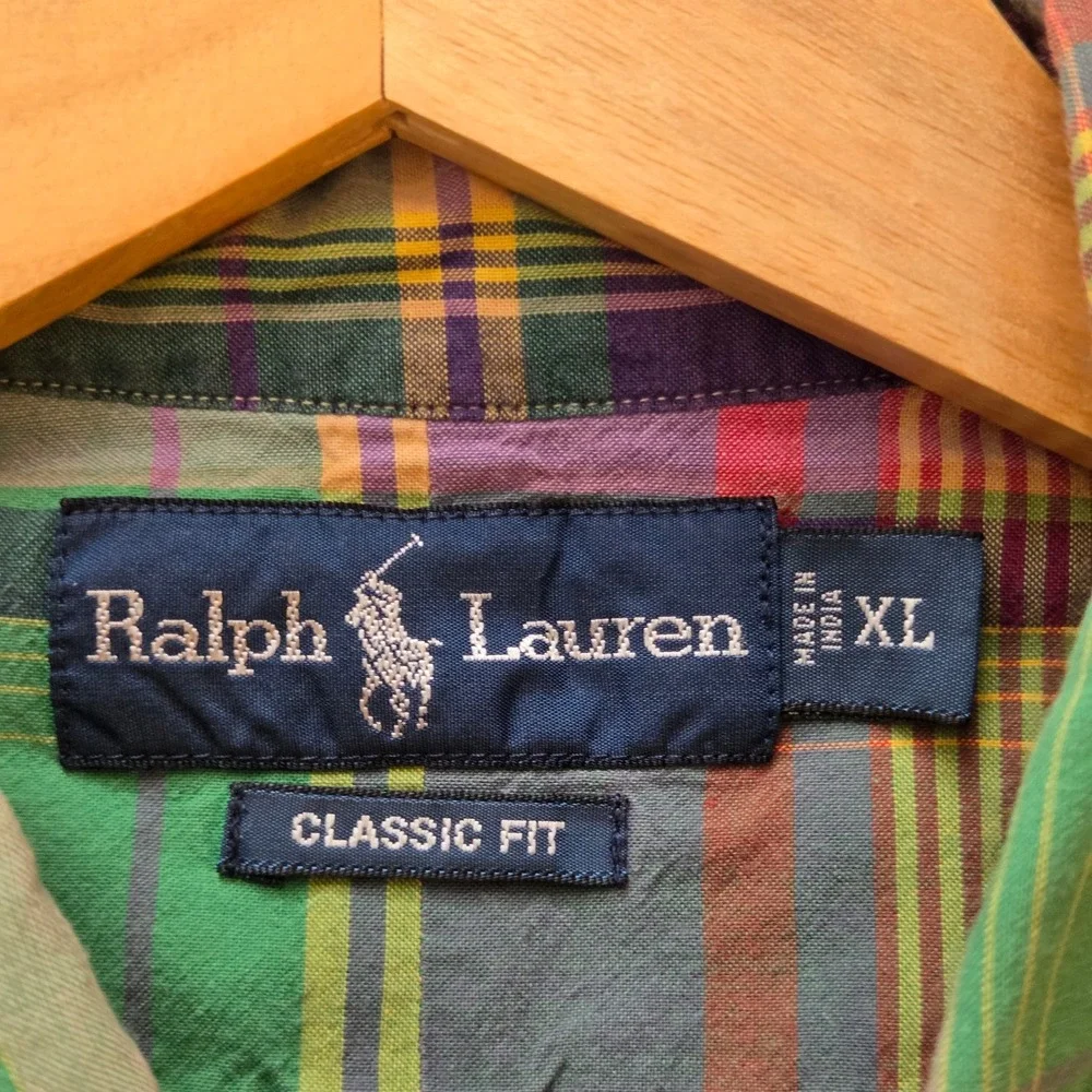 Polo Ralph Lauren Madras Plaid Short Sleeve Shirt Mens XL Green Purple Classic